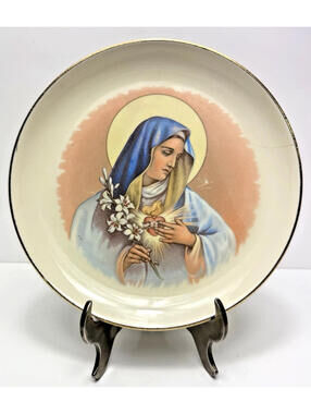 Vtg Kitsch Virgin Mary Madonna Plate 7” Salem Crest Sacred Heart 22K Gold 50s 60